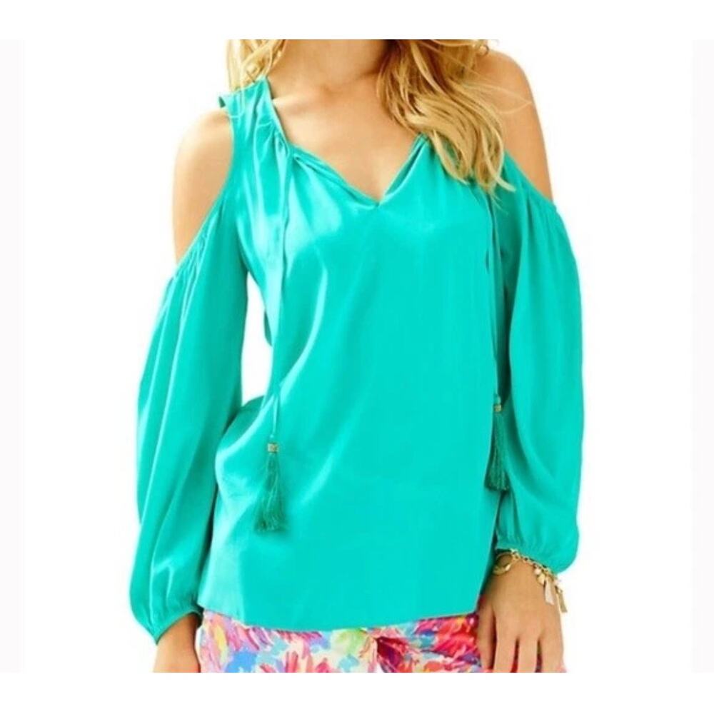 Lilly Pulitzer Silk Blend Cold Shoulder Blouse Tassel Resort Vacation M